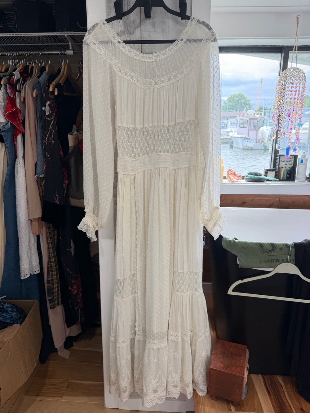 Free People Ivory Bohemian Maxi Dress with Lace & Sheer Dot Sleeves - Picture 3 of 4